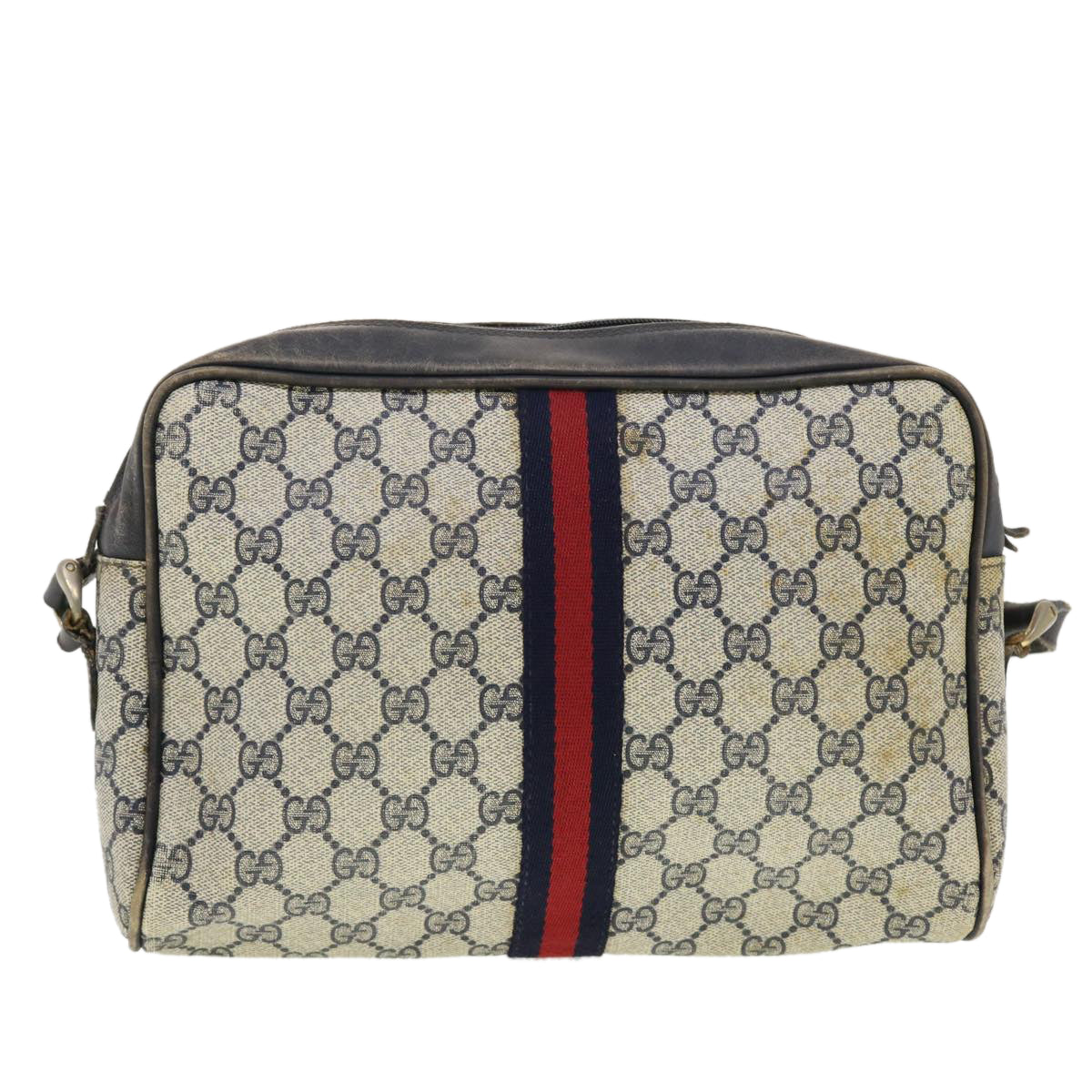 GUCCI GG Canvas Sherry Line Shoulder Bag PVC Leather Gray Red Navy Auth 40345 - 0