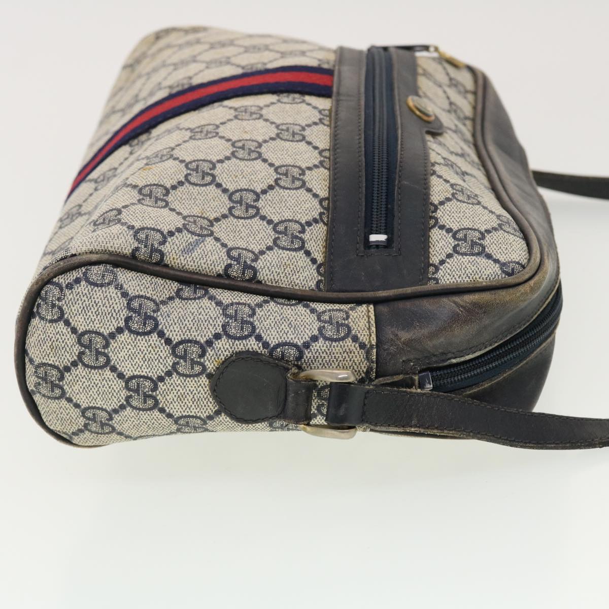 GUCCI GG Canvas Sherry Line Shoulder Bag PVC Leather Gray Red Navy Auth 40345