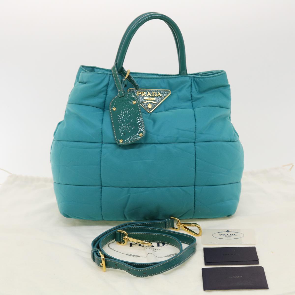 PRADA Quilted Hand Bag Nylon 2way Turquoise Blue Auth 40351