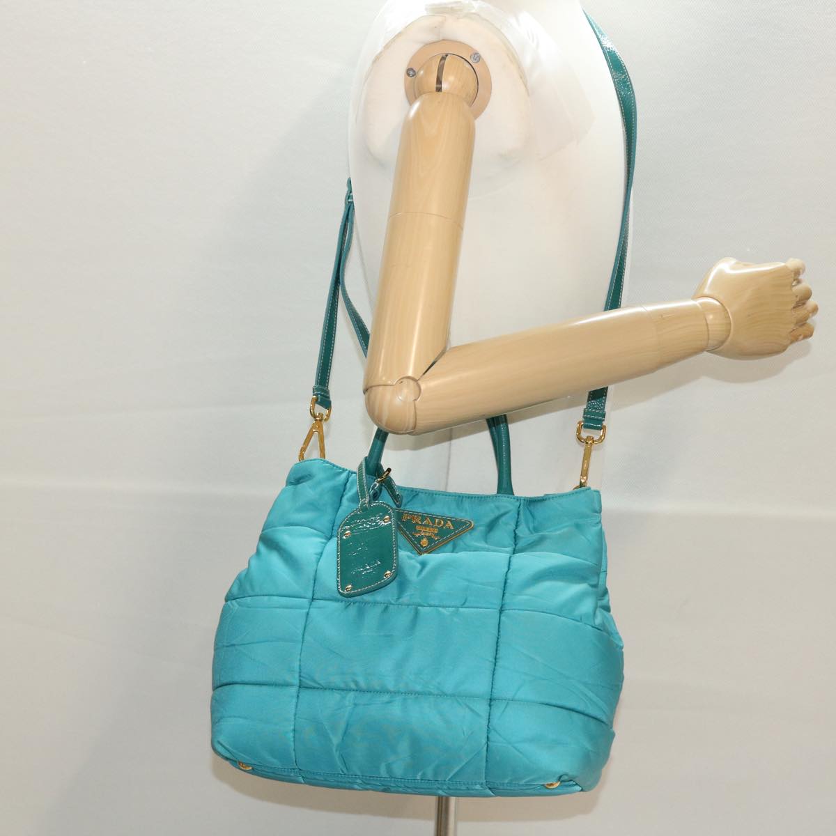 PRADA Quilted Hand Bag Nylon 2way Turquoise Blue Auth 40351