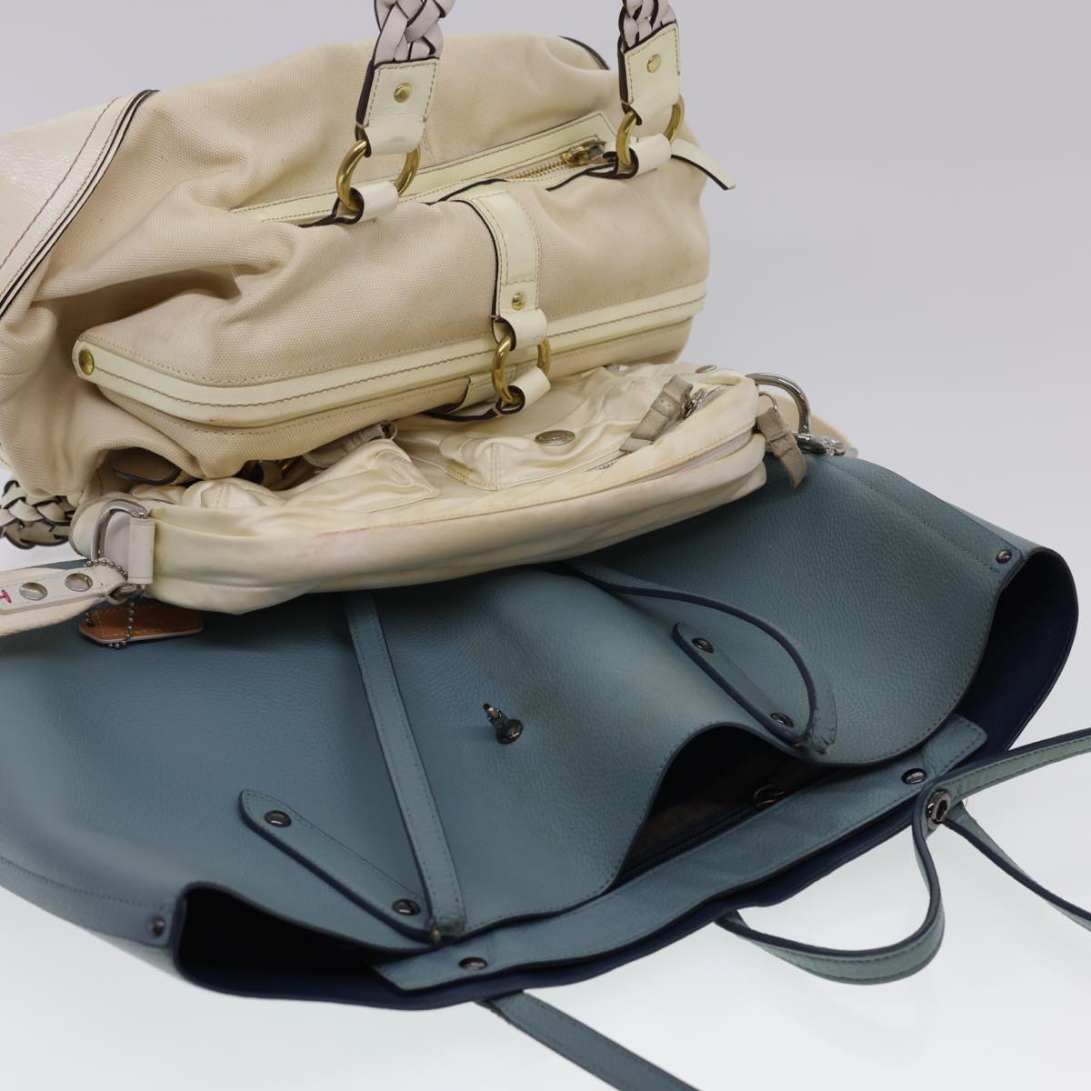 Coach Tote Bag Shoulder Bag Leather Nylon 3Set Beige Light Blue Auth 40487
