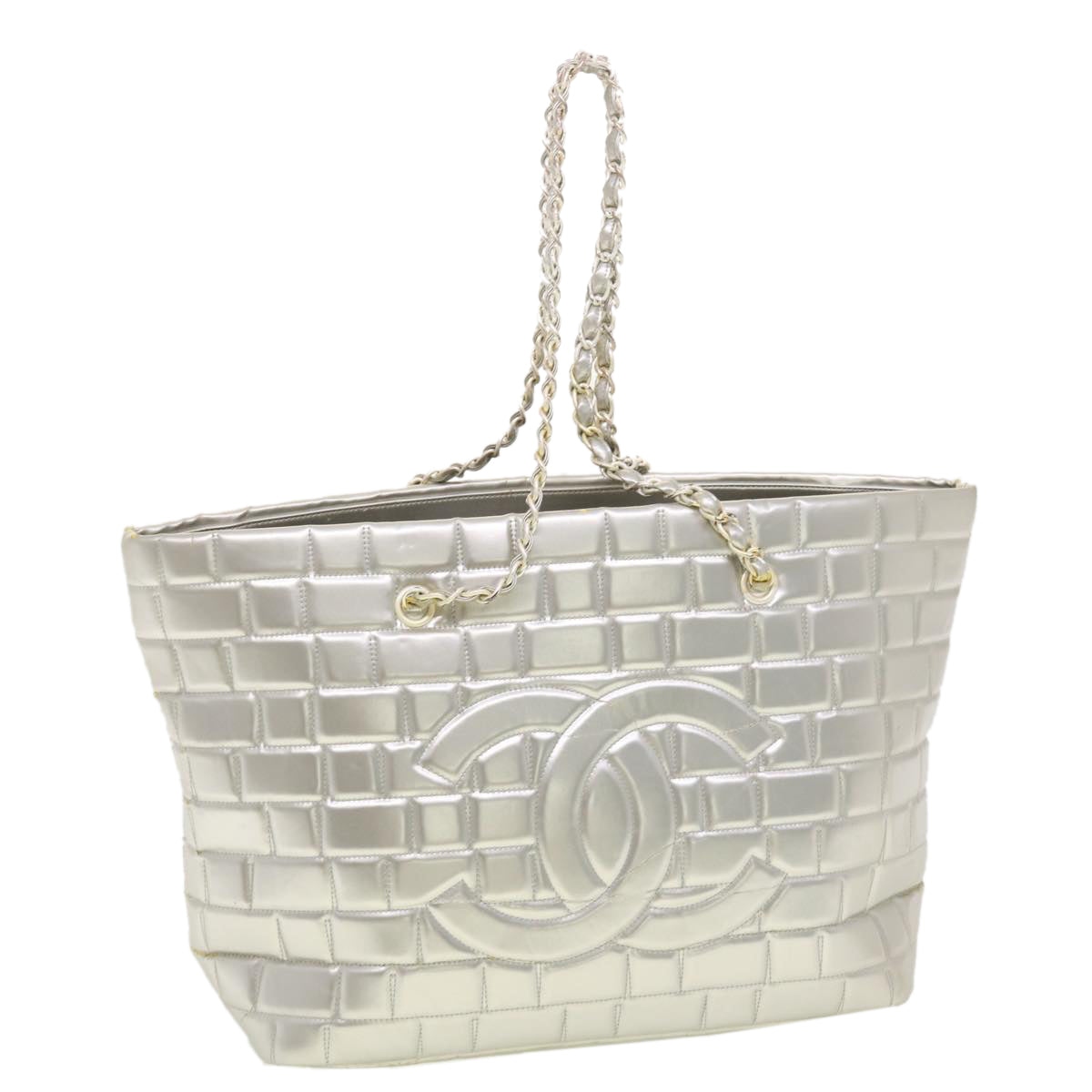 CHANEL Choco Bar line Chain Tote Bag Lamb Skin Silver CC Auth 40597