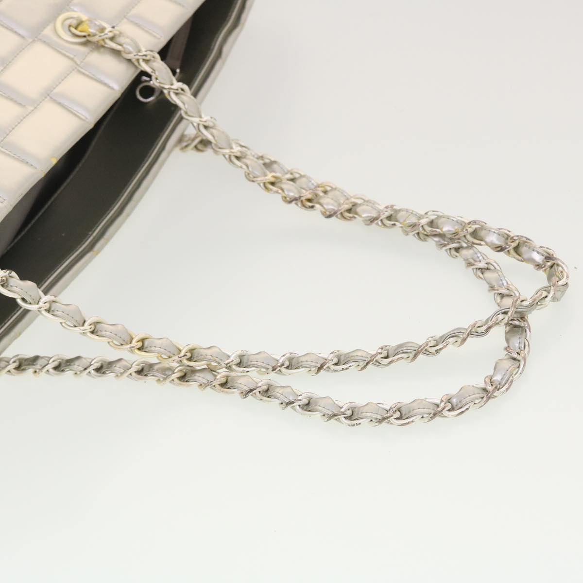 CHANEL Choco Bar line Chain Tote Bag Lamb Skin Silver CC Auth 40597