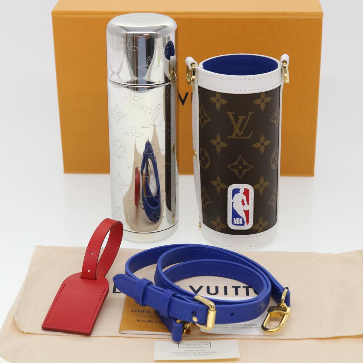 LOUIS VUITTON Monogram NBA FLASK HOLDER Water Bottle Blue Red GI0565 Auth 40703A