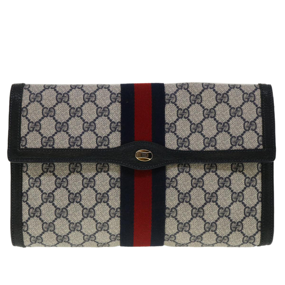 GUCCI GG Canvas Sherry Line Clutch Bag Gray Navy Red 89.01.007 Auth 40956