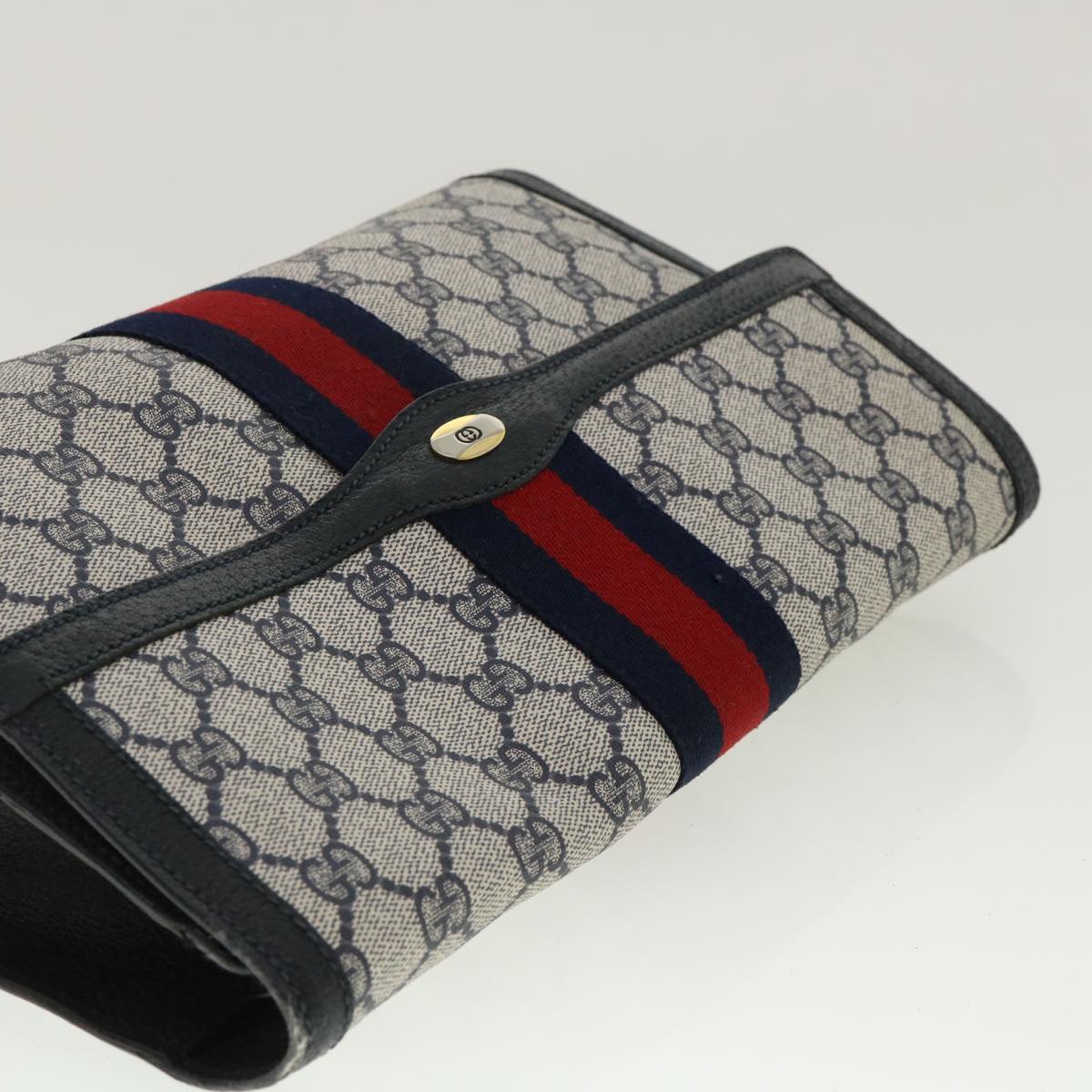 GUCCI GG Canvas Sherry Line Clutch Bag Gray Navy Red 89.01.007 Auth 40956