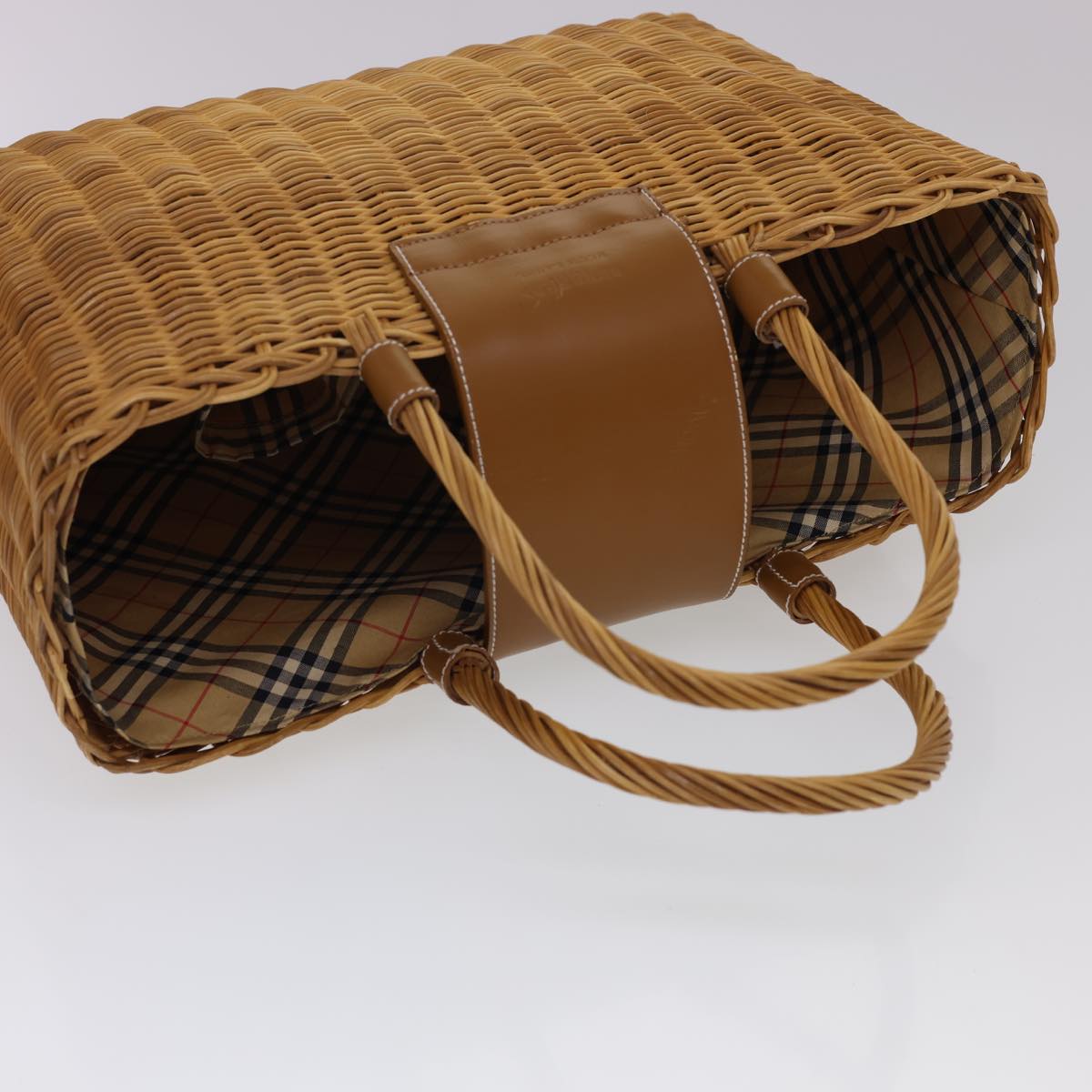 BURBERRY Nova Check Blue Label Hand Bag Rattan Beige Auth 40958