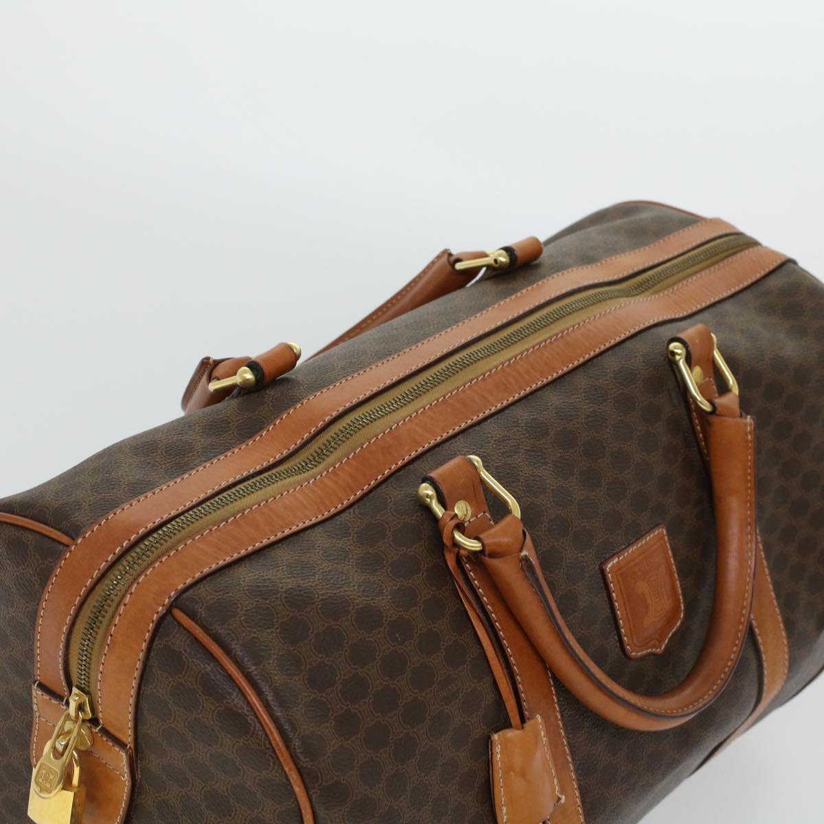 CELINE Macadam Canvas Boston Bag PVC Leather Brown Auth 41216