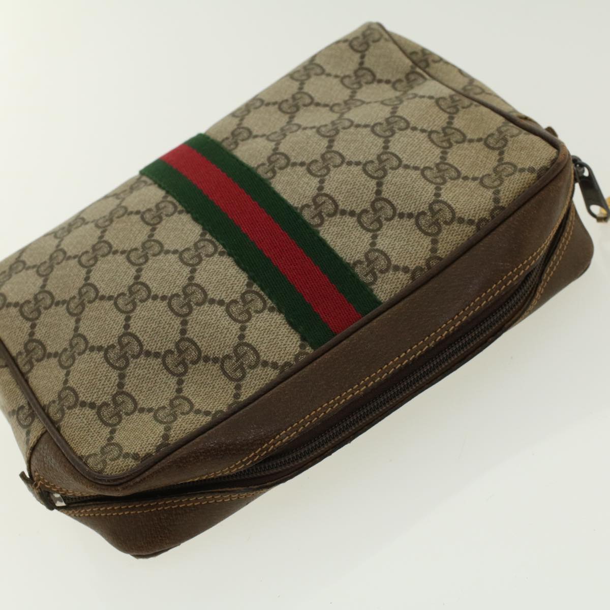 GUCCI GG Canvas Web Sherry Line Clutch Bag Beige Red Green 010.378. Auth 41257