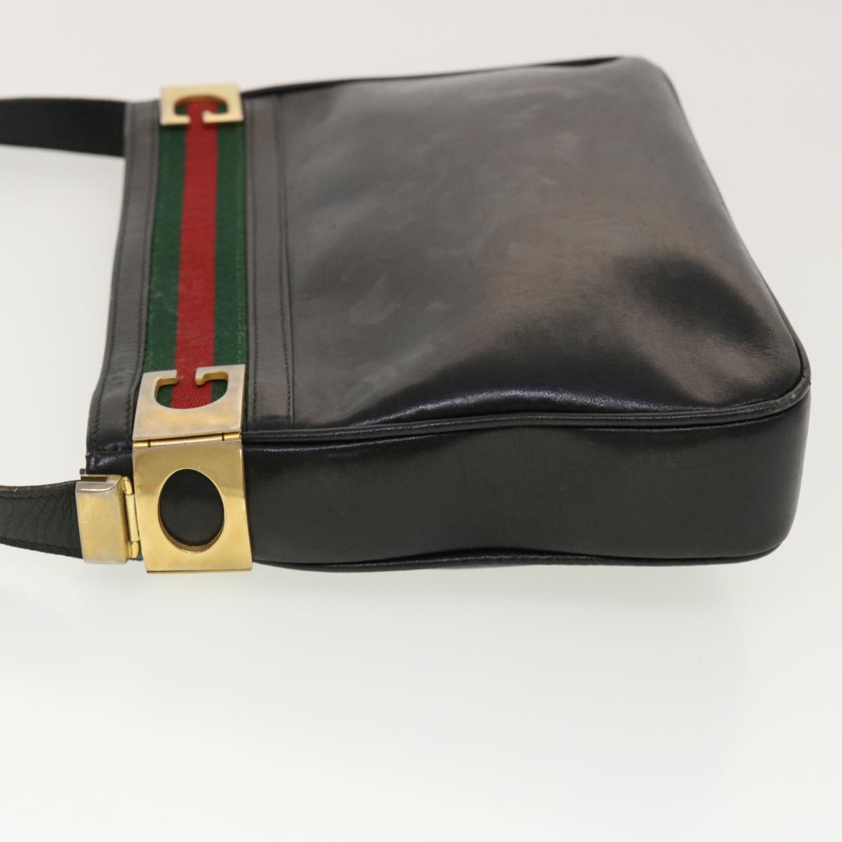 GUCCI Web Sherry Line Shoulder Bag Leather Black Red Green Auth 41258 - 0