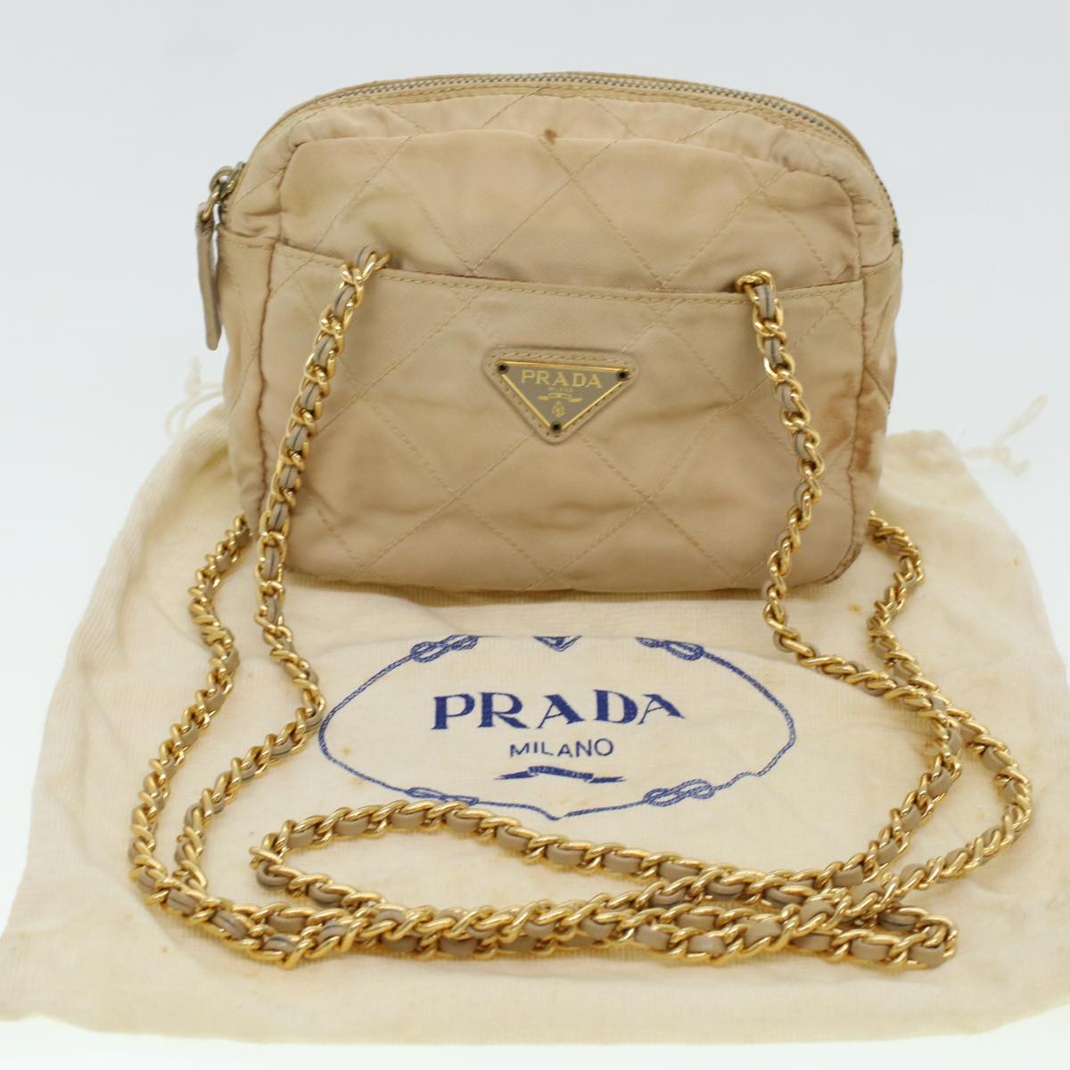 PRADA Quilted Chain Shoulder Bag Nylon Beige Auth 41312