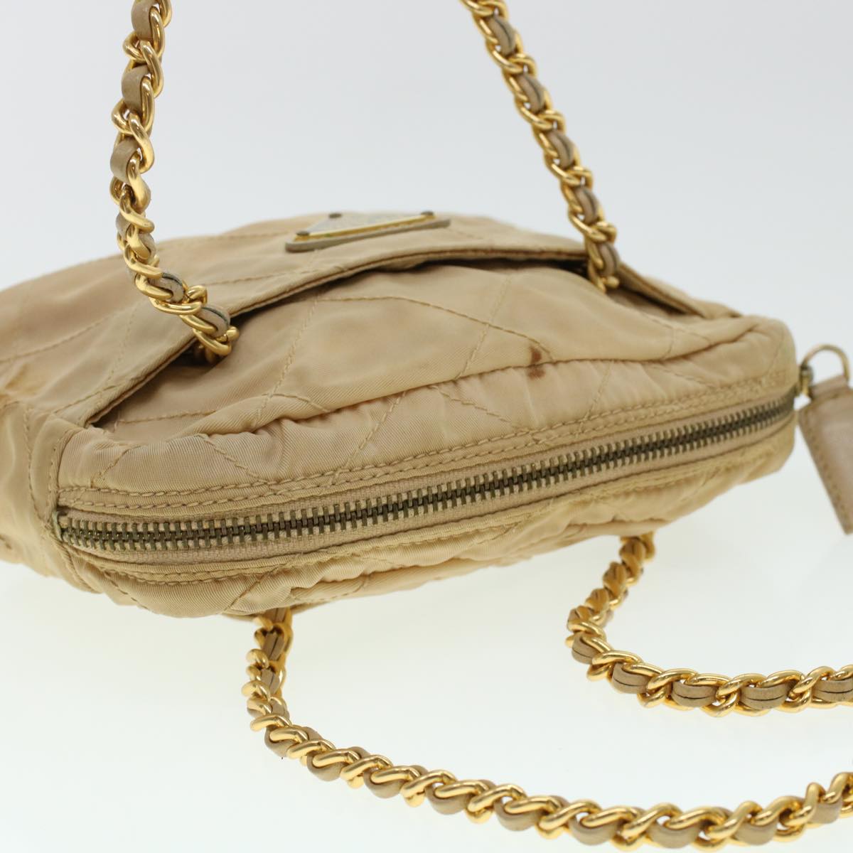 PRADA Quilted Chain Shoulder Bag Nylon Beige Auth 41312