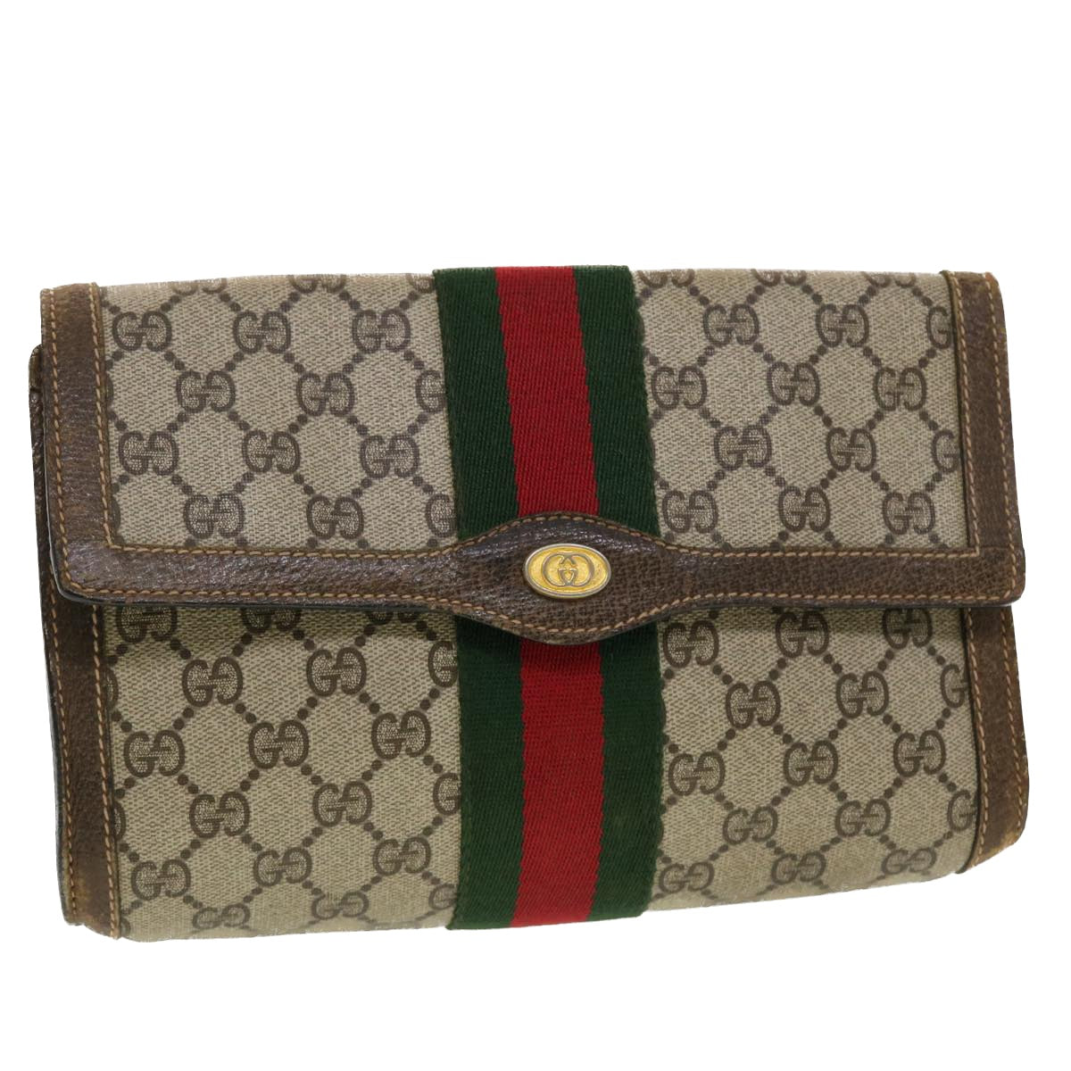 GUCCI GG Canvas Web Sherry Line Clutch Bag Beige Red 67.014.3087 Auth 41341