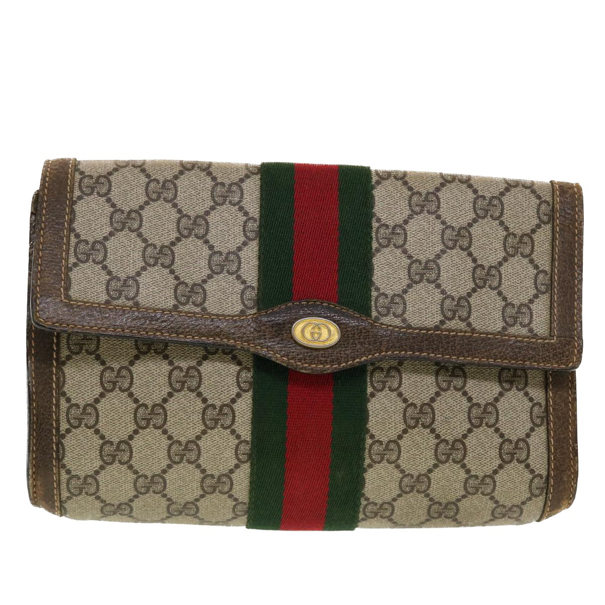 GUCCI GG Canvas Web Sherry Line Clutch Bag Beige Red 67.014.3087 Auth 41341