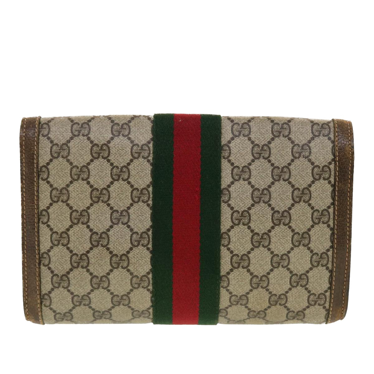 GUCCI GG Canvas Web Sherry Line Clutch Bag Beige Red 67.014.3087 Auth 41341 - 0