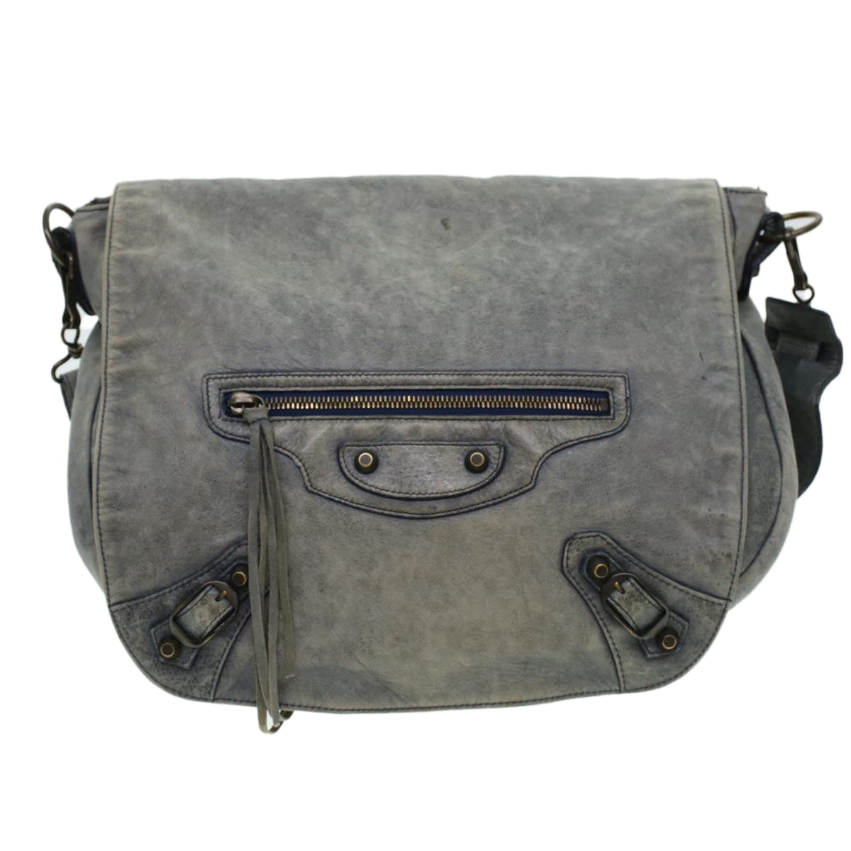 BALENCIAGA Classic Folk Shoulder Bag Leather Navy 246432 Auth 41401