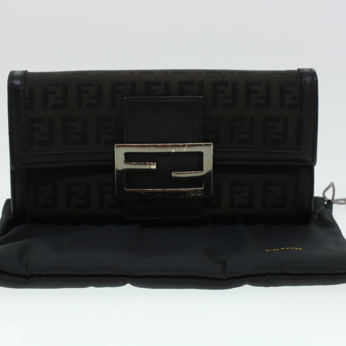 FENDI Zucchino Canvas Long Wallet Nylon Black Auth 41768