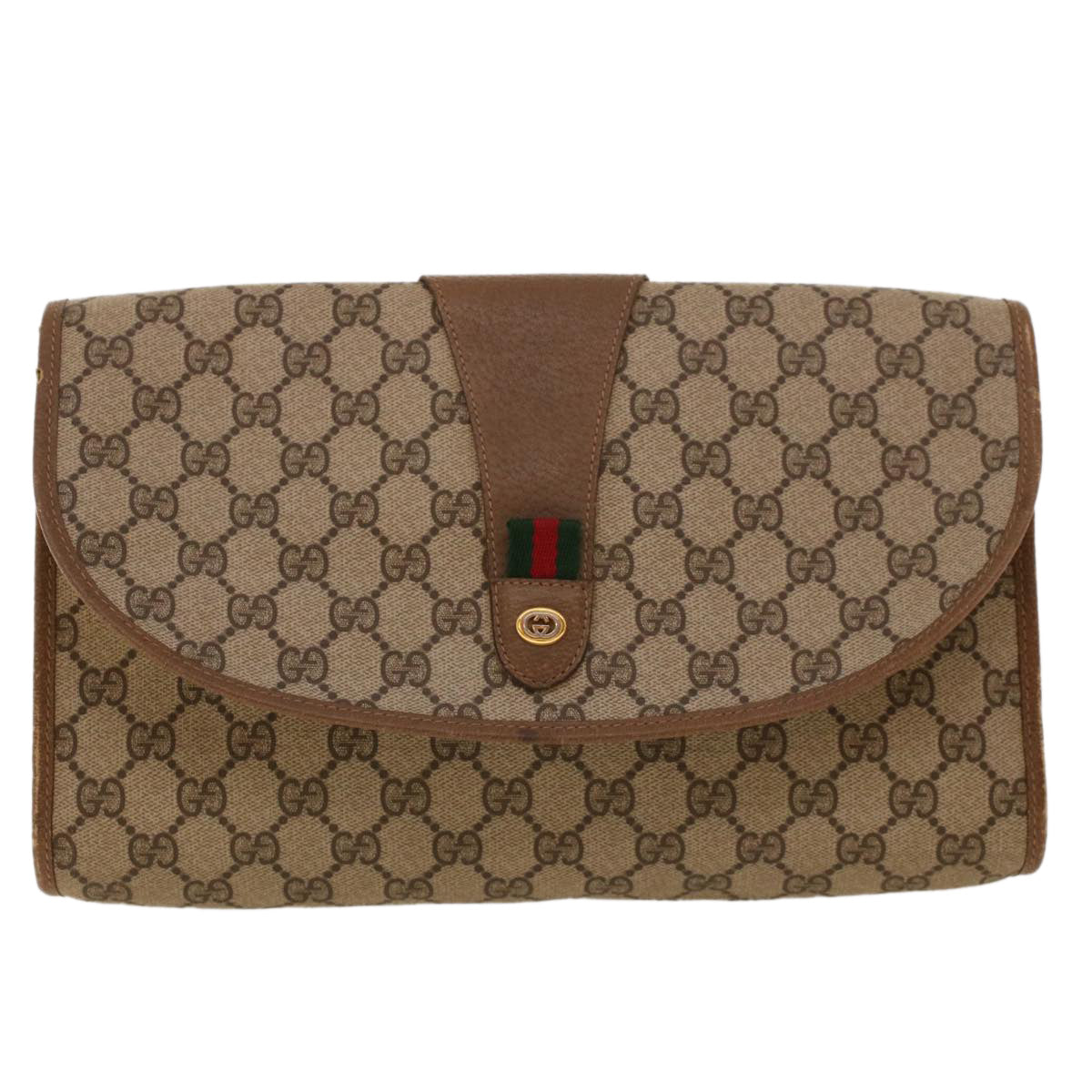 GUCCI GG Canvas Web Sherry Line Clutch Bag PVC Leather Beige Green Auth 42088