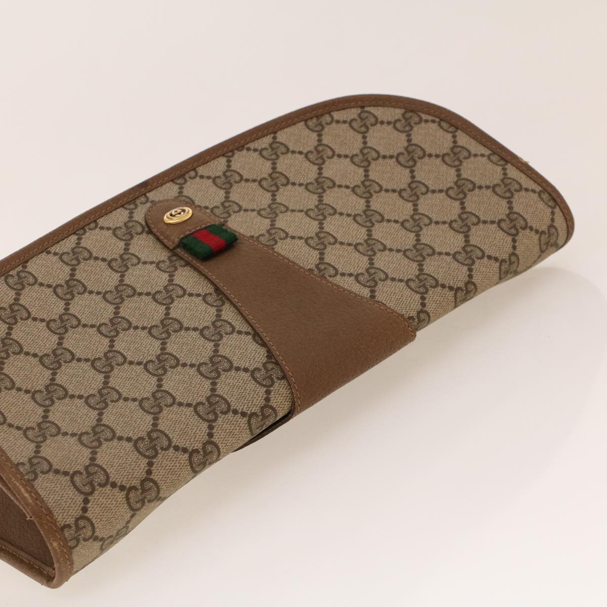 GUCCI GG Canvas Web Sherry Line Clutch Bag PVC Leather Beige Green Auth 42088