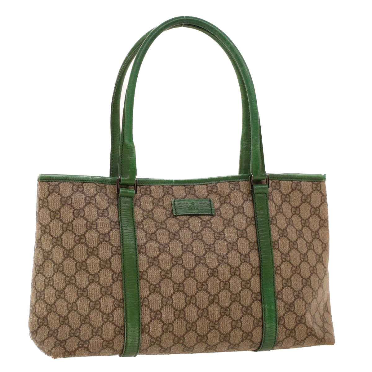 GUCCI GG Canvas Tote Bag PVC Leather Beige Green Auth 42102