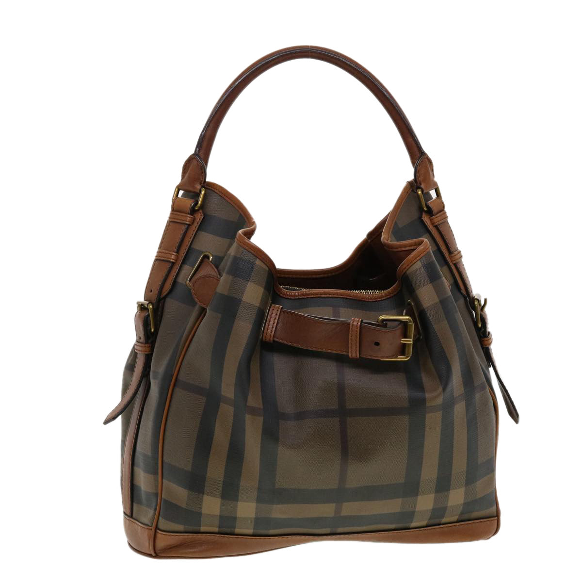 BURBERRY Nova Check Tote Bag PVC Leather Brown Black Auth 42188