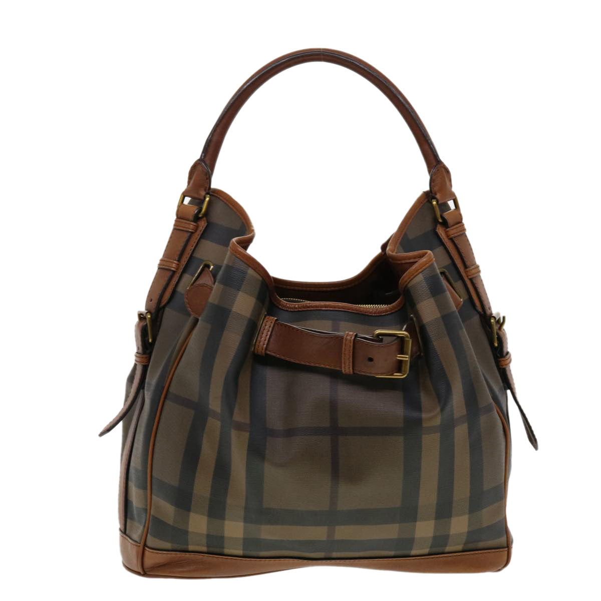 BURBERRY Nova Check Tote Bag PVC Leather Brown Black Auth 42188