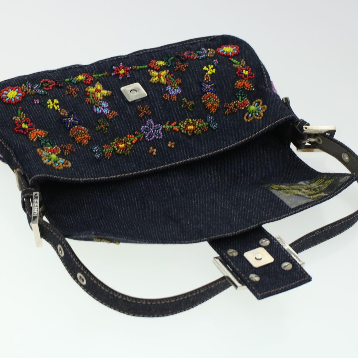 FENDI Beads Mamma Baguette Shoulder Bag Denim Navy 236826424008 Auth 42189