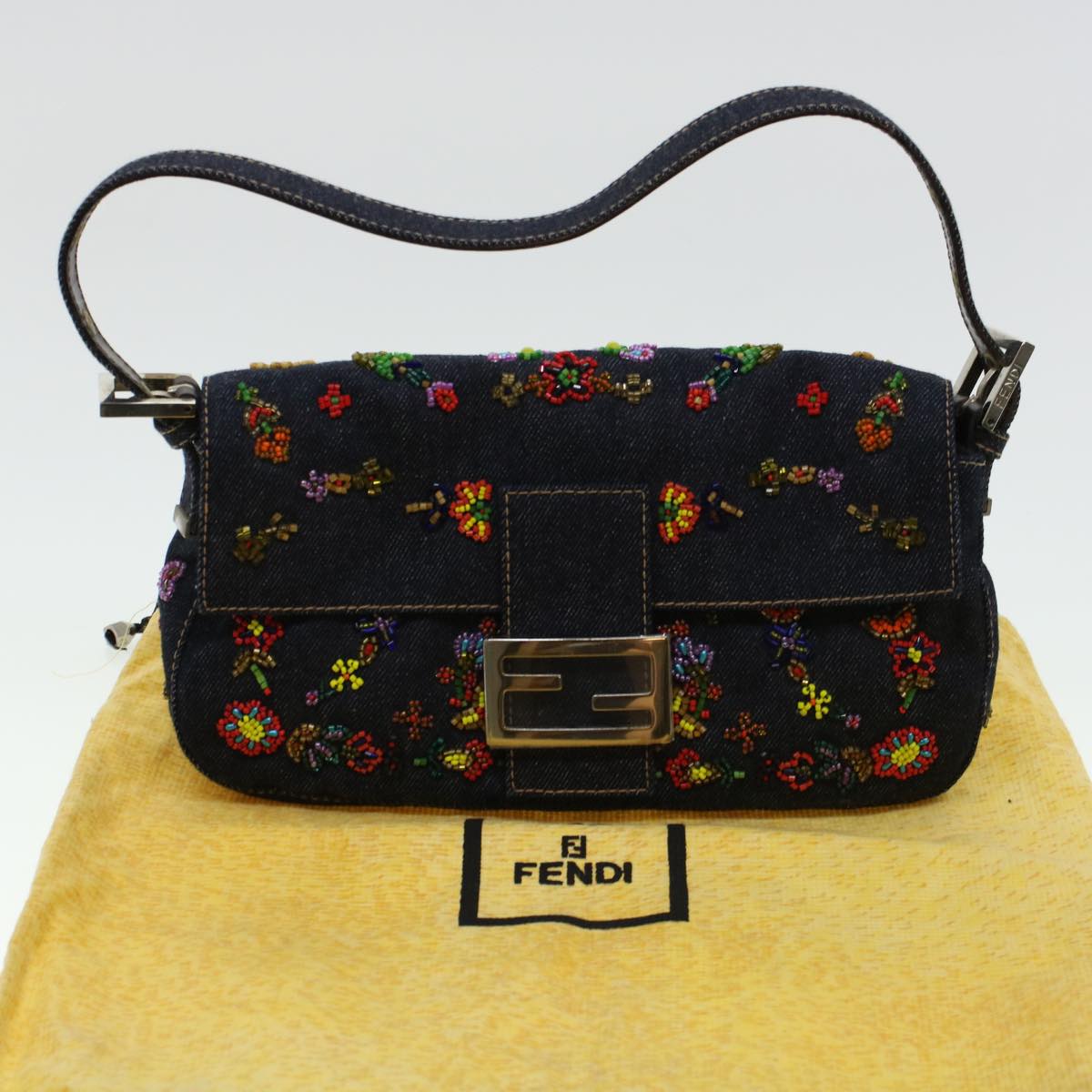 FENDI Beads Mamma Baguette Shoulder Bag Denim Navy 236826424008 Auth 42189