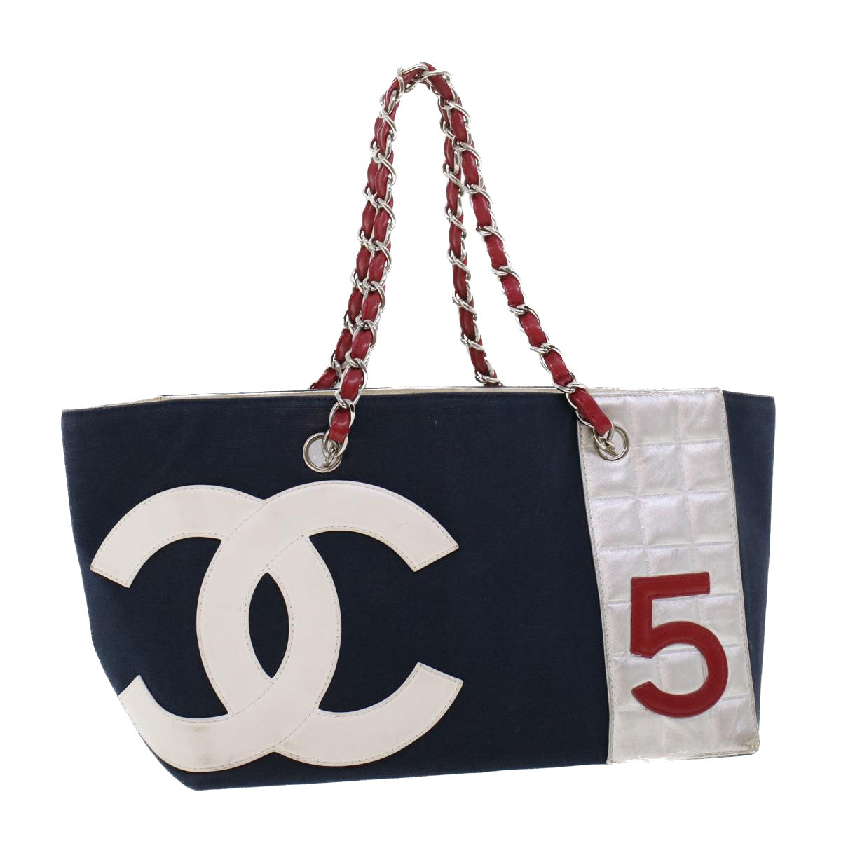 CHANEL Choco Bar Chain Tote Bag No.5 Canvas Navy CC Auth 42335