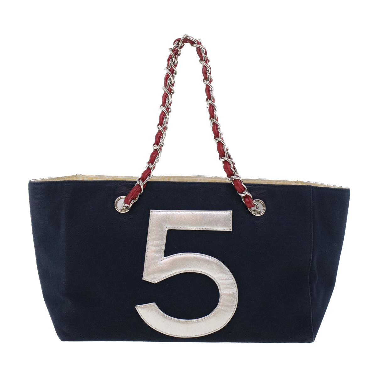 CHANEL Choco Bar Chain Tote Bag No.5 Canvas Navy CC Auth 42335 - 0