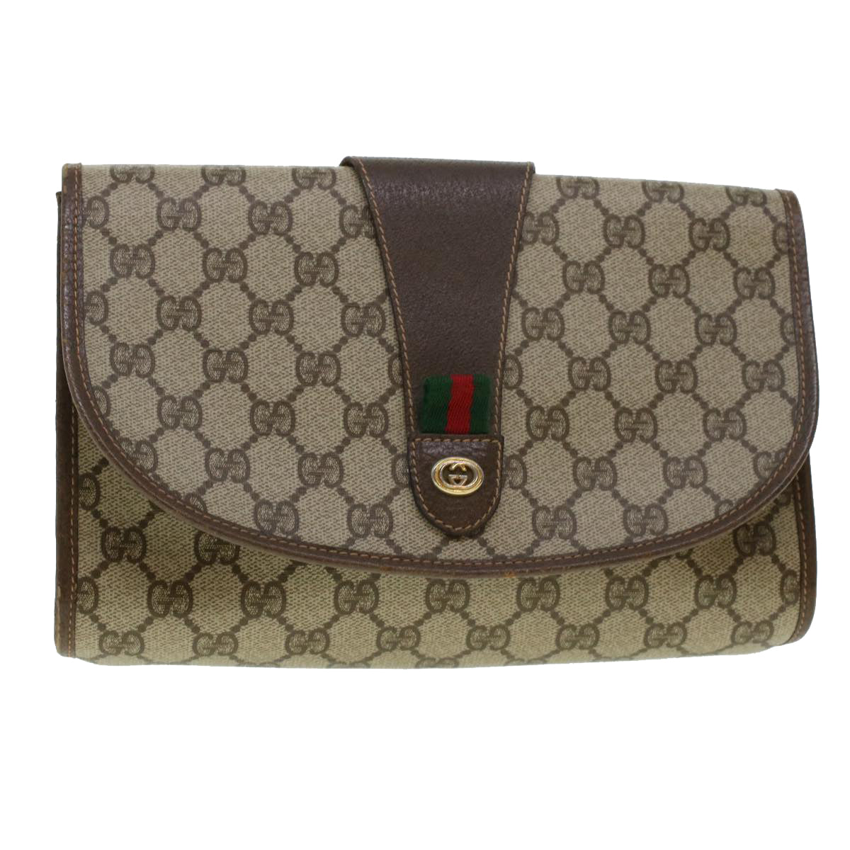 GUCCI GG Canvas Web Sherry Line Clutch Bag PVC Leather Beige Red Auth 42430