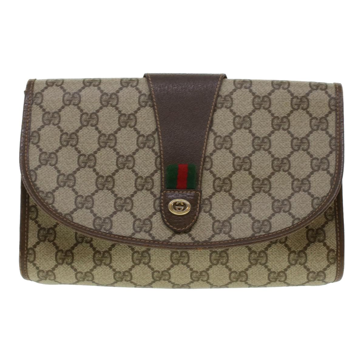 GUCCI GG Canvas Web Sherry Line Clutch Bag PVC Leather Beige Red Auth 42430