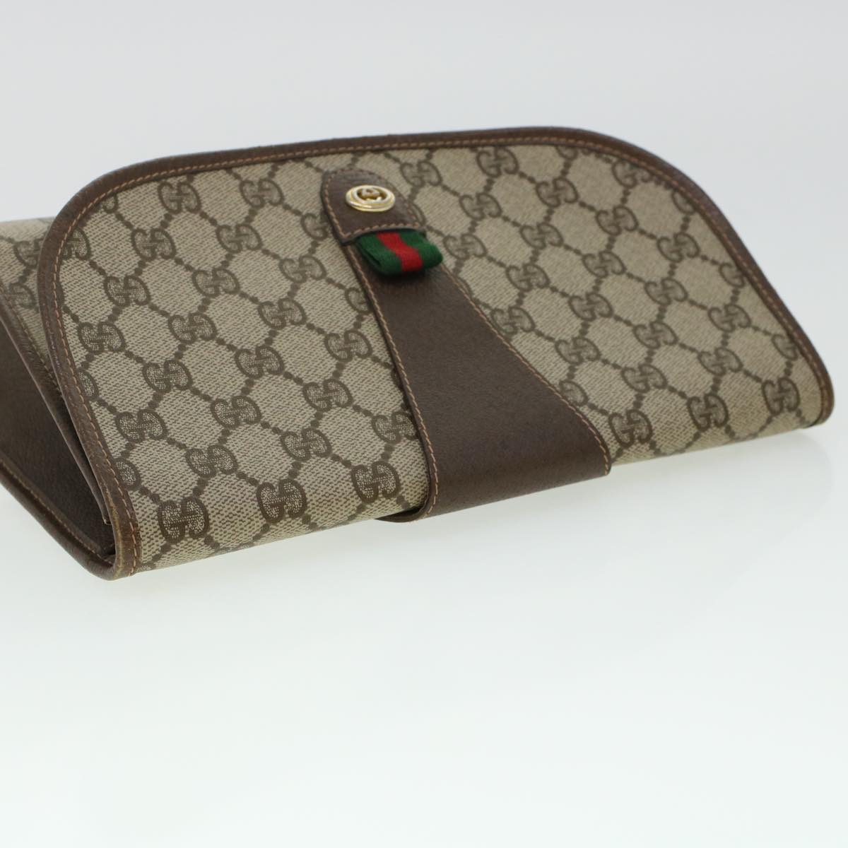 GUCCI GG Canvas Web Sherry Line Clutch Bag PVC Leather Beige Red Auth 42430