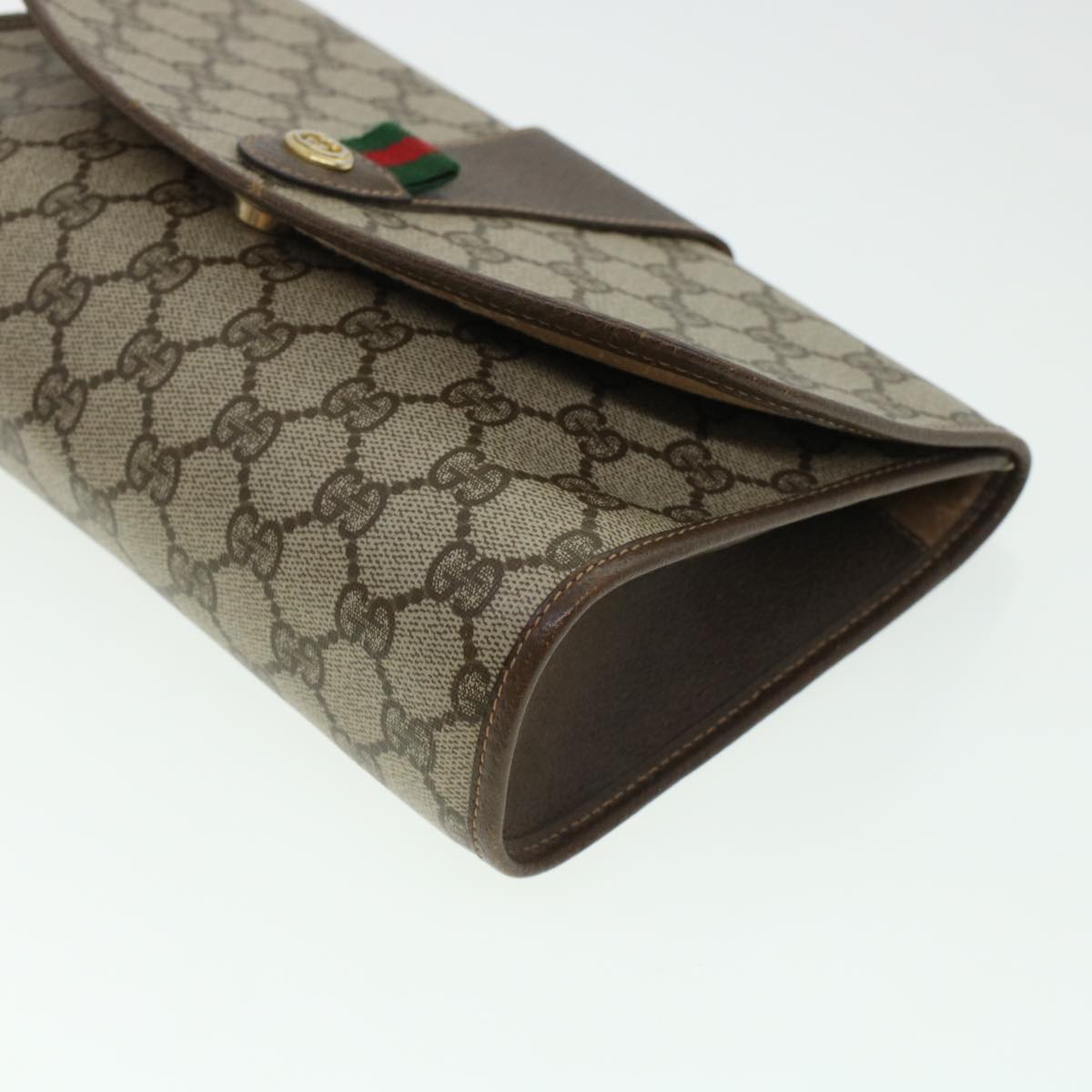 GUCCI GG Canvas Web Sherry Line Clutch Bag PVC Leather Beige Red Auth 42430