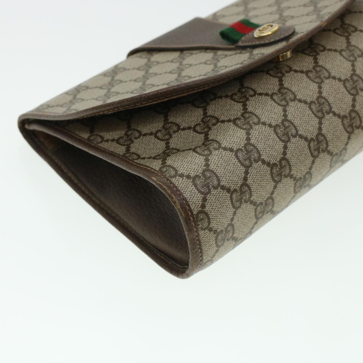 GUCCI GG Canvas Web Sherry Line Clutch Bag PVC Leather Beige Red Auth 42430