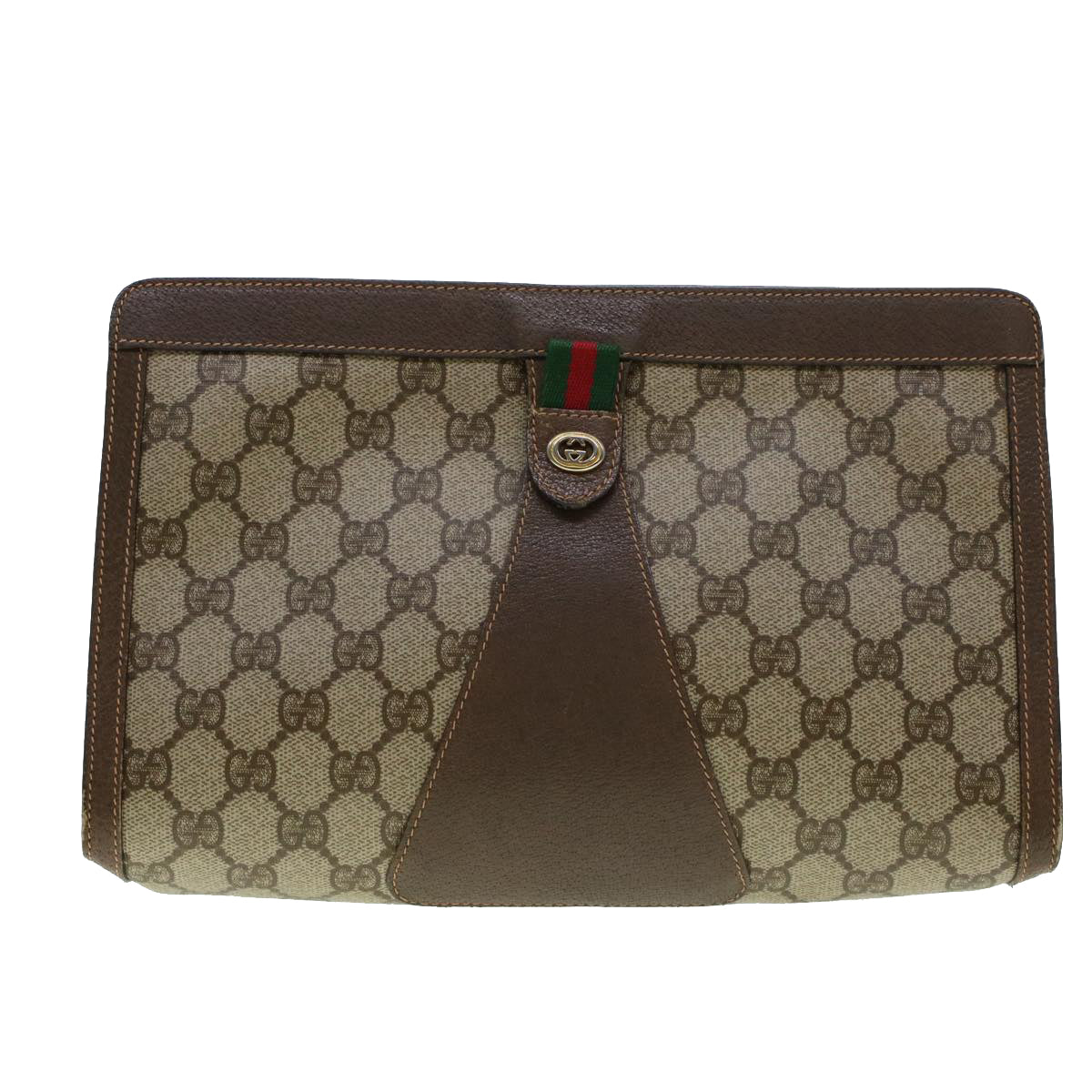 GUCCI GG Canvas Web Sherry Line Clutch Bag PVC Leather Beige Red Auth 42431