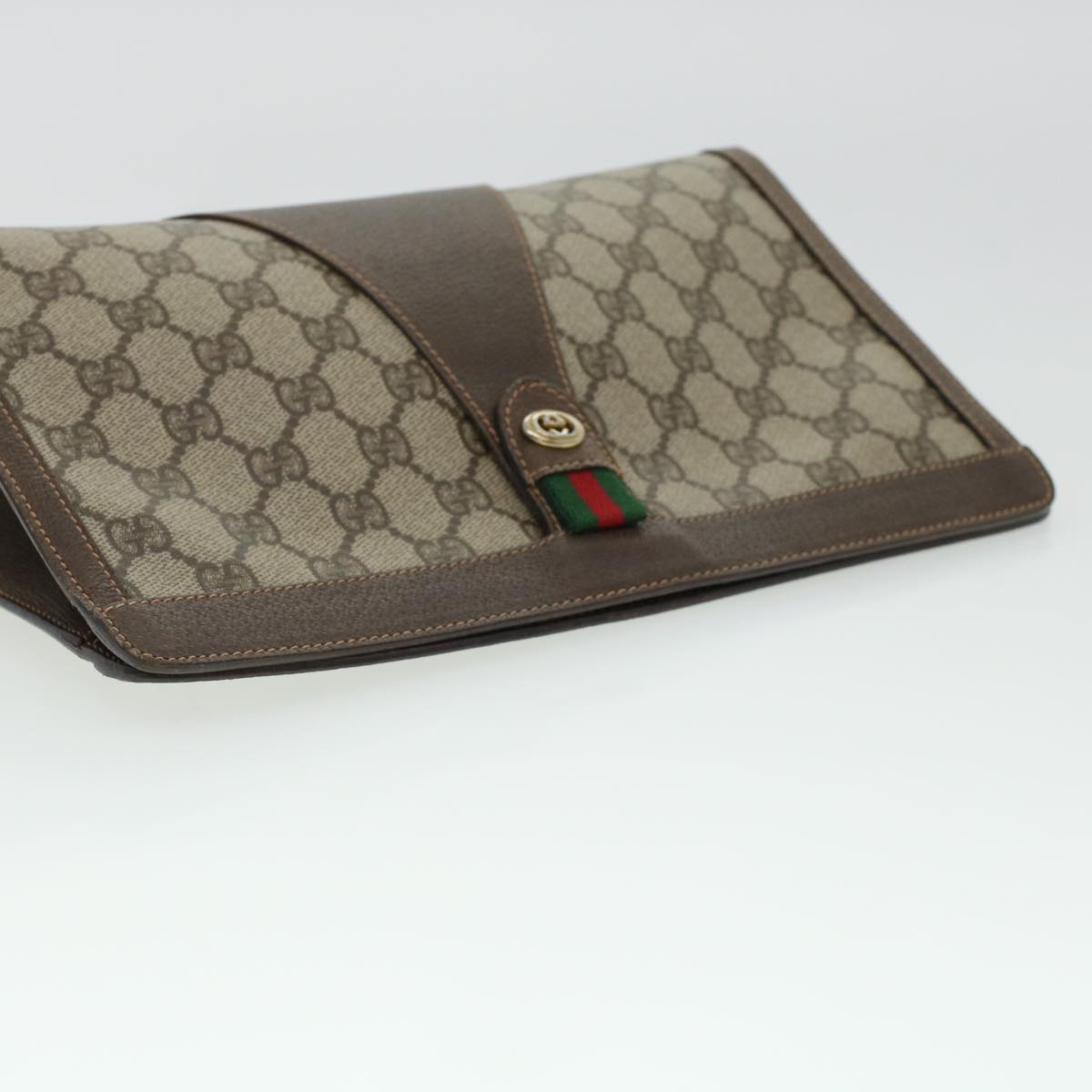 GUCCI GG Canvas Web Sherry Line Clutch Bag PVC Leather Beige Red Auth 42431