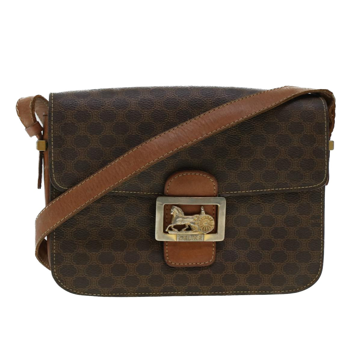 CELINE Macadam Canvas Sulky Shoulder Bag PVC Leather Brown Auth 42445