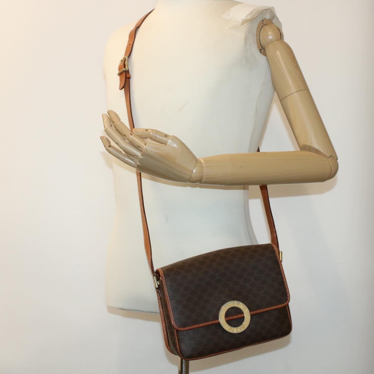 CELINE Macadam Canvas Shoulder Bag PVC Leather Brown Auth 42446
