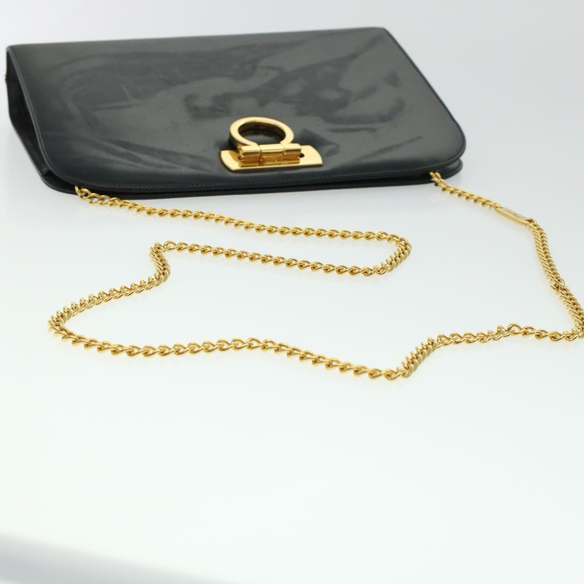 Salvatore Ferragamo Gancini Chain Shoulder Bag Leather Black Auth 42447