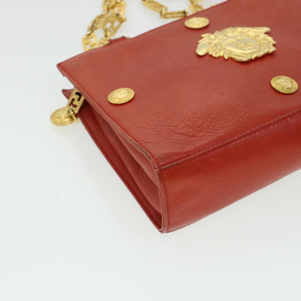 VERSACE Chain Shoulder Bag Leather Red Auth 42450