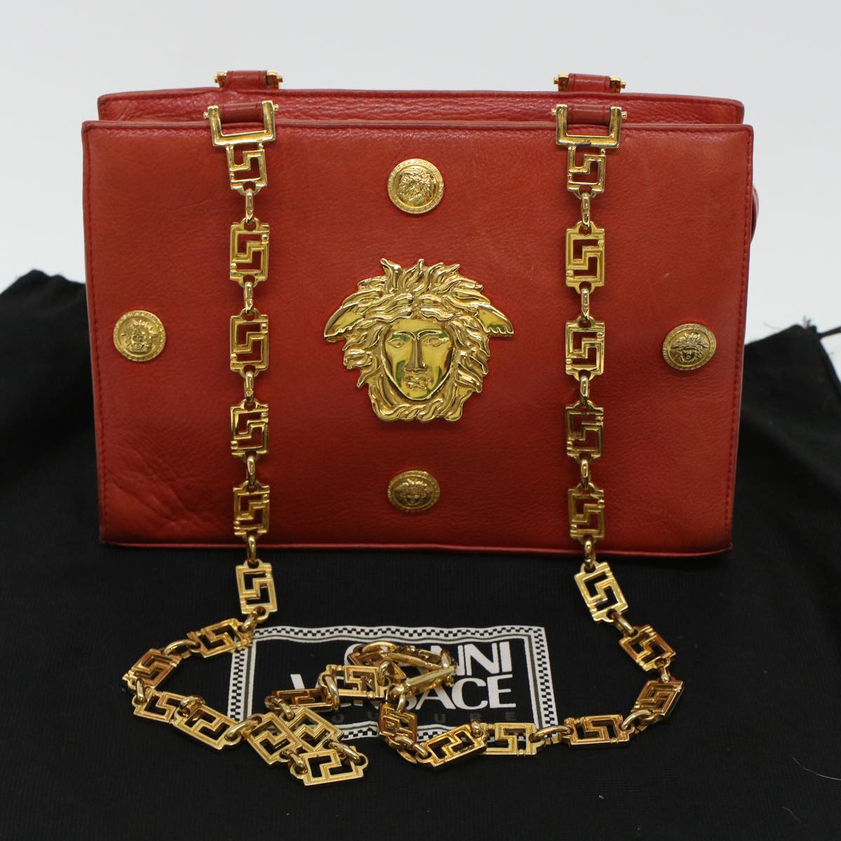 VERSACE Chain Shoulder Bag Leather Red Auth 42450