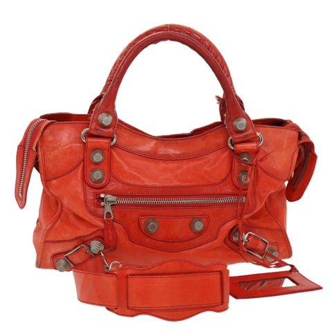 BALENCIAGA Giant City Hand Bag Leather 2way Red 173084 Auth 42594