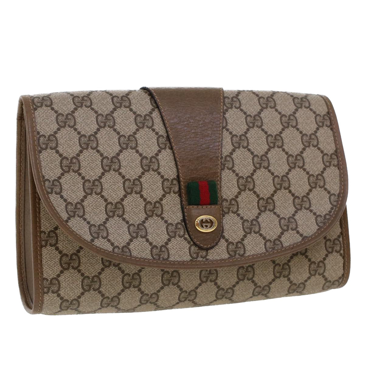 GUCCI GG Canvas Web Sherry Line Clutch Bag PVC Leather Beige Red Green 42716