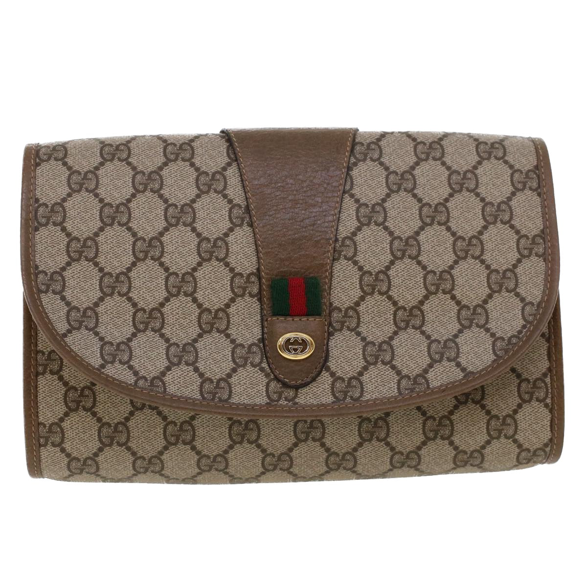 GUCCI GG Canvas Web Sherry Line Clutch Bag PVC Leather Beige Red Green 42716