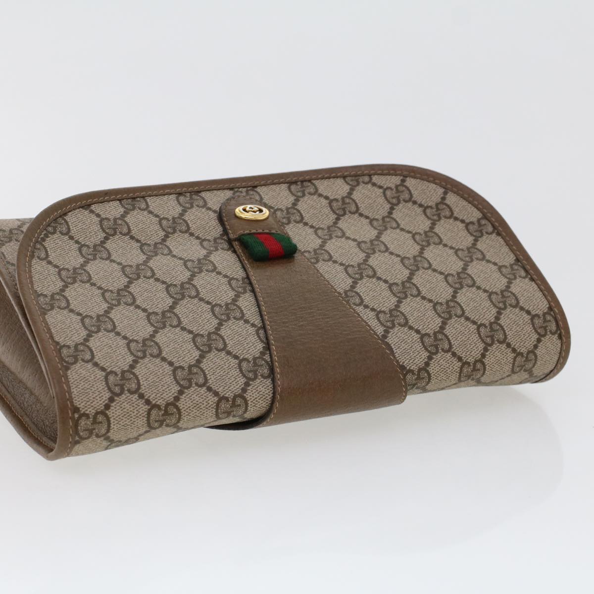 GUCCI GG Canvas Web Sherry Line Clutch Bag PVC Leather Beige Red Green 42716