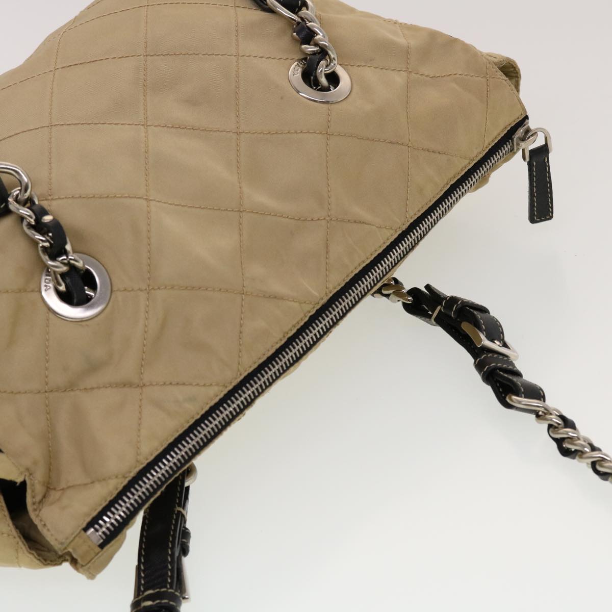 PRADA Quilted Shoulder Bag Nylon Beige Auth 42735