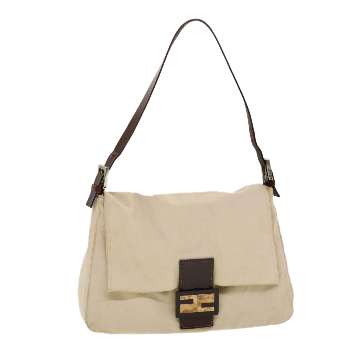 FENDI Mamma Baguette Shoulder Bag Canvas Beige 2355.26325.008 Auth 42758