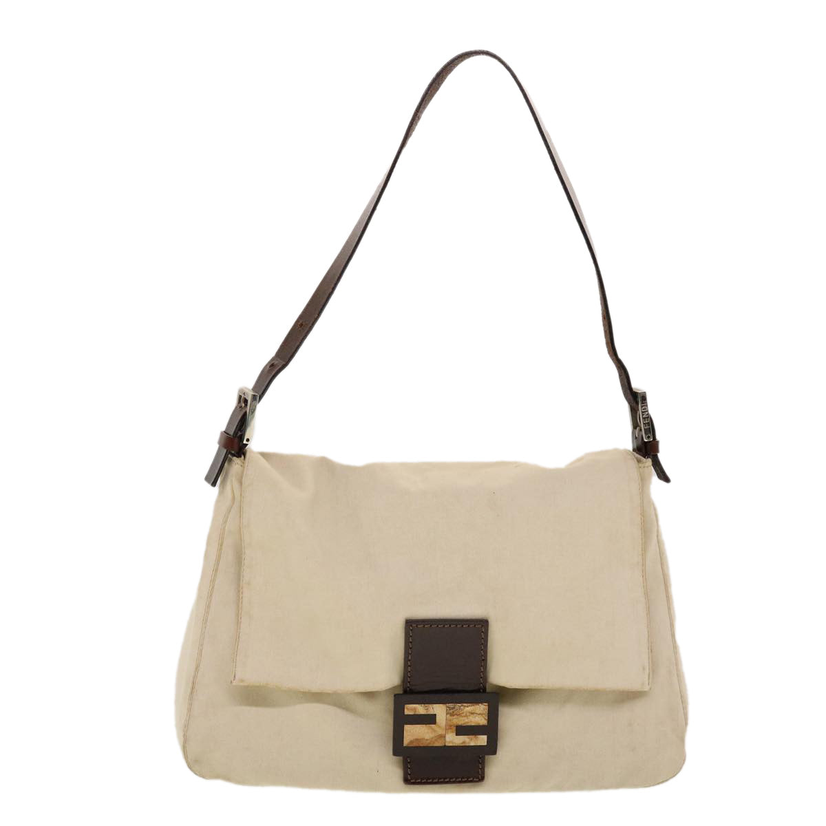 FENDI Mamma Baguette Shoulder Bag Canvas Beige 2355.26325.008 Auth 42758