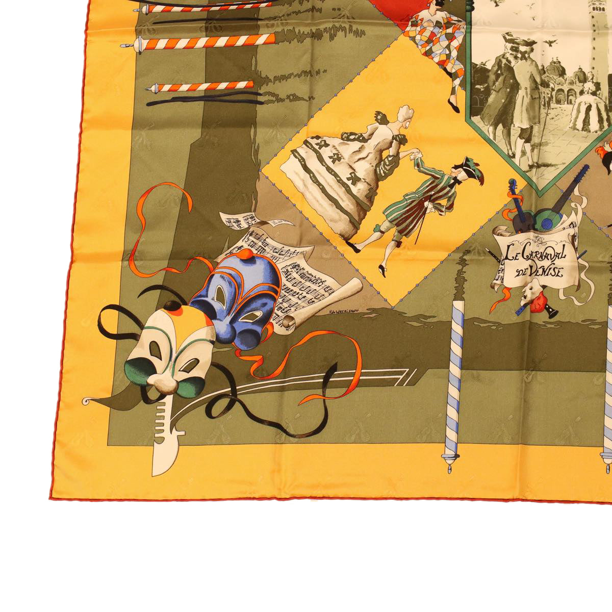 HERMES Carre 90 LE CARNAVAL DE VENISE Scarf Silk Yellow Khaki Auth 42855